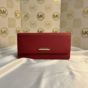 Michael Kors Red Saffiano Leather Slim Flat Wallet Clutch - Magnetic Closure
